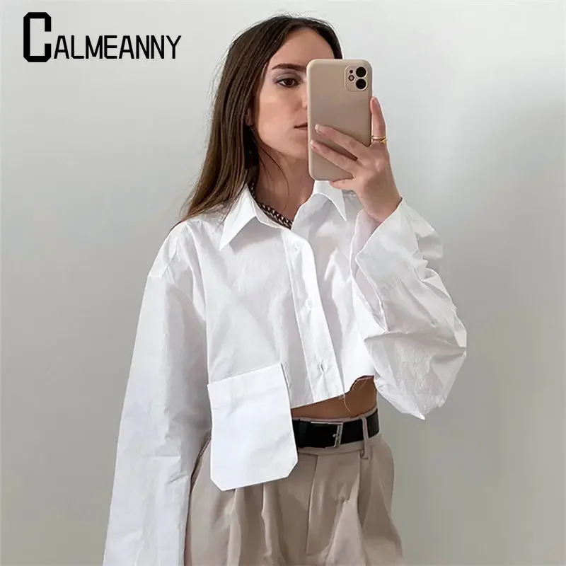 Chemisier court à manches longues pour femme, Streetwear, mode Harajuku, chemises décontractées, poches irrégulières, revers, nouvelle collection printemps automne 2023