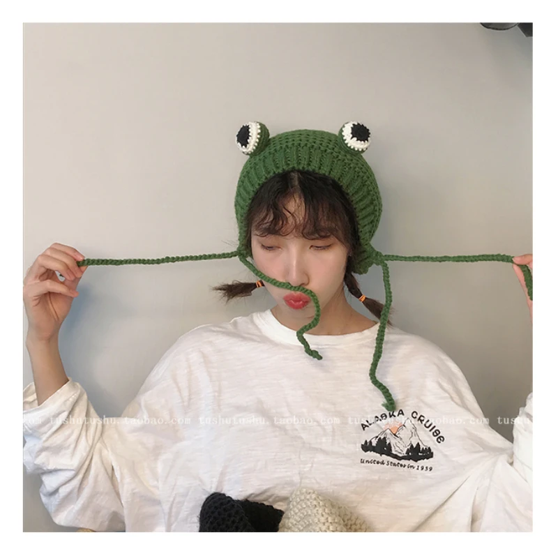 Spring Autumn Skullies Beanie Hat Women Knitted Frog Headband Bonnet Beanie Cute Cartoon Big Eyes Frog Hat Winter Earflap Cap