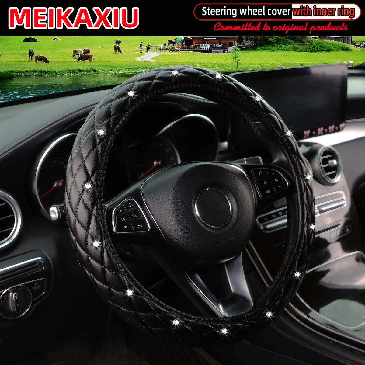 Soft leather diamond-patterned car with inner ring steering wheel cover. Suitable for D-shaped and O-shaped accessories.