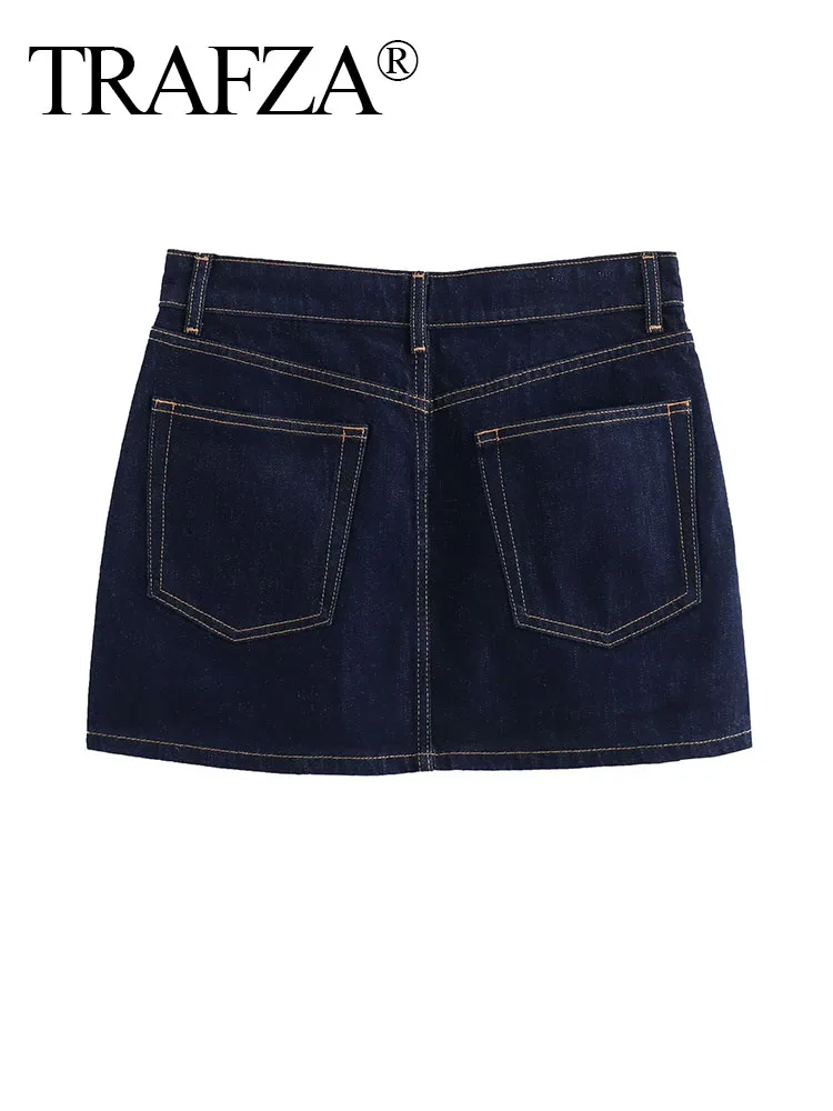 TRAFZA-Mini saia jeans linha A feminina, cintura alta, decoração de bolsos, curto, moda feminina, verão