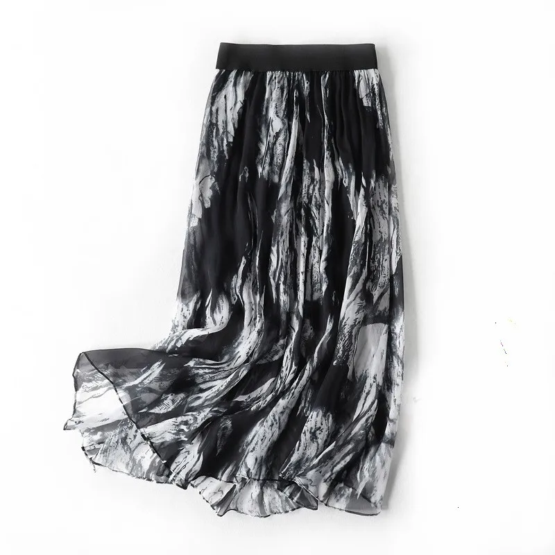 

Summer New Women's Faion Silk Satin Print ftone Long Skirt ecian Sle mid Waist Batwing ape Home Outdoor Wear