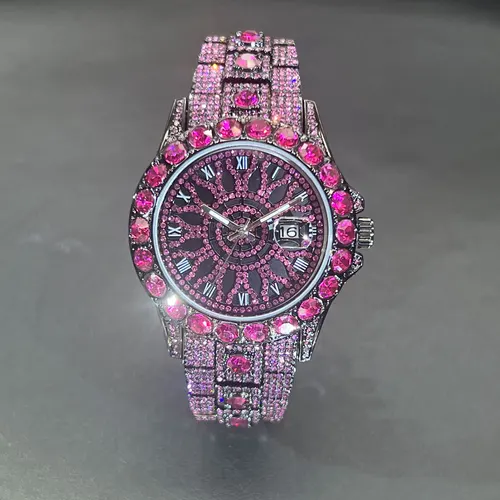 Reloj de hielo rosa para hombre, marca de moda MISSFOX Hip Hop, joyería de lujo con diamantes, reloj de pulsera de cuarzo para hombre, nuevo 2025