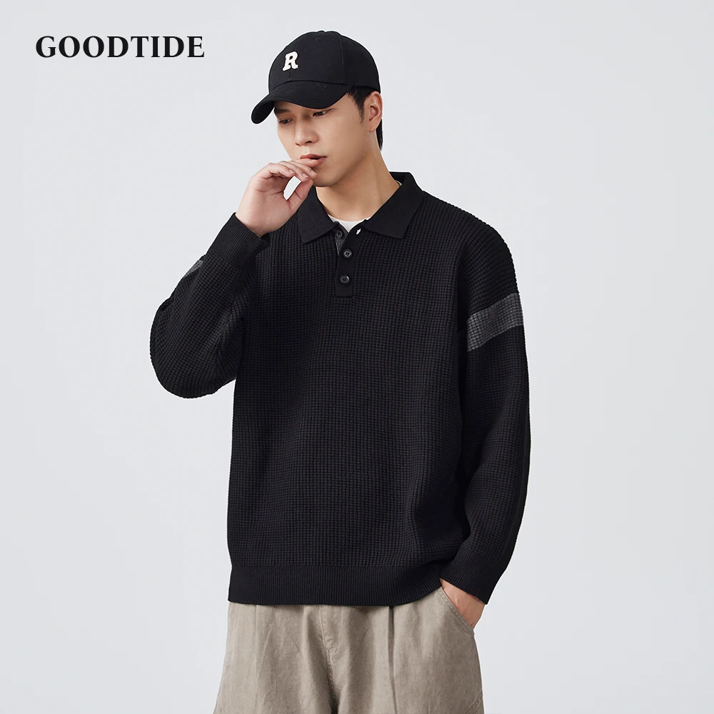 Fashion Men's Casual Polo Collar Sweater Winter Waffle Knit Pullover Comfortable Soft Long Sleeve Jumper Contrast Stripes Top