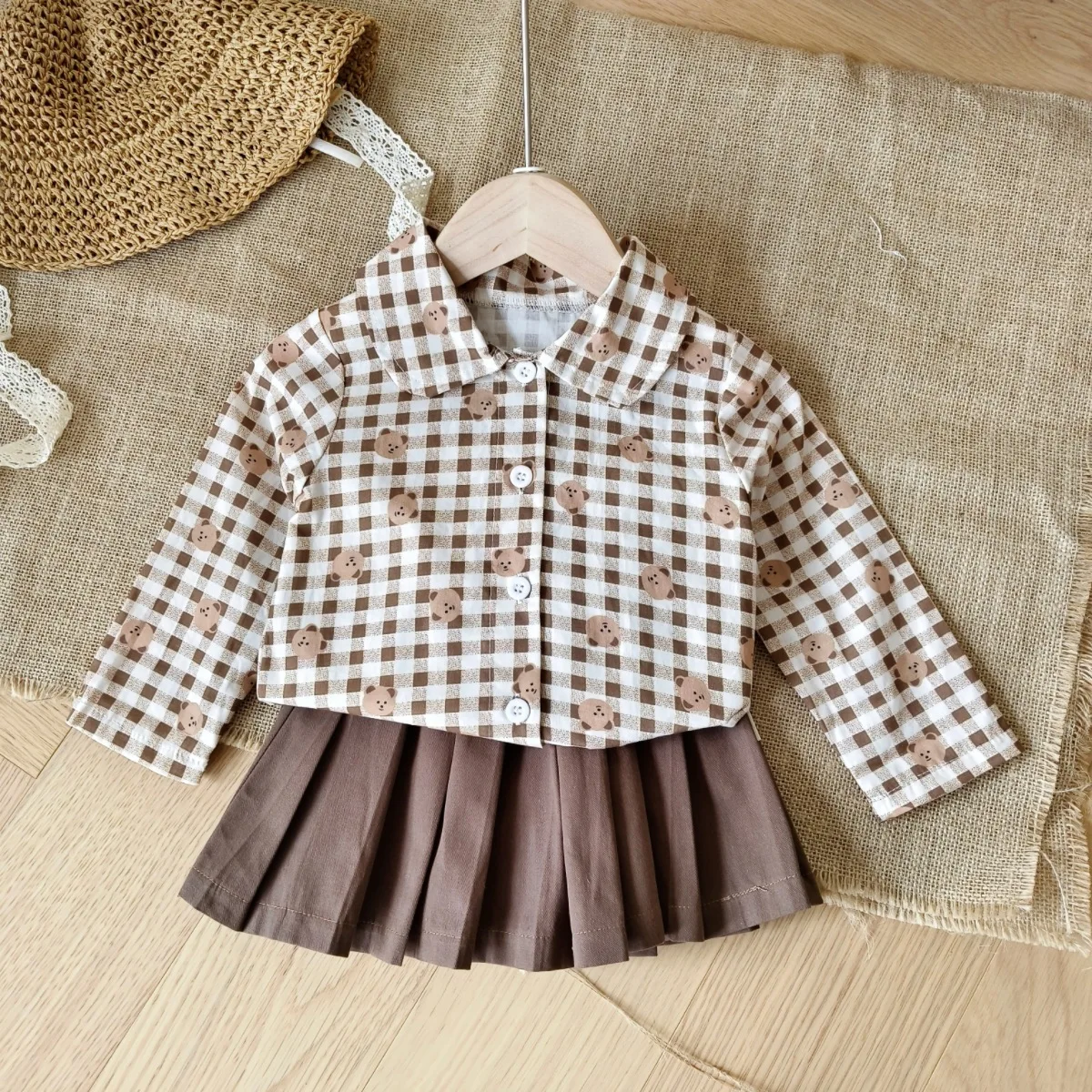 Spring/Autumn Sibling Matching Grid Bear Doll Collar Shirt + Solid Bottom Pleated Skirt Pants Boys Girls Set