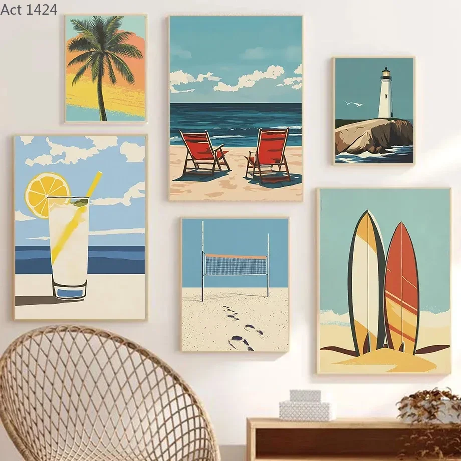 Minimalist Summer Beach Lighthouse Seagull Ocean Palm Tree Posters Print Canvas Painting Hammock Sunset Wall Art Home Room De