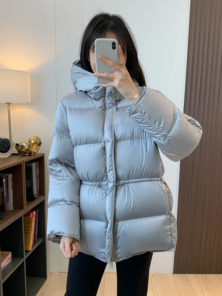 

Extra Warm Thiened 90% White Goose down Tee-Proof Puff Coat with Hood Adjustable Waist Small Size Faux Fur Collar Jaet