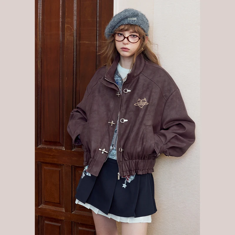ELFSACK Women's Vintage Brown Bomber Jacket with Heart Embroidery, Casual Outerwear for Daily