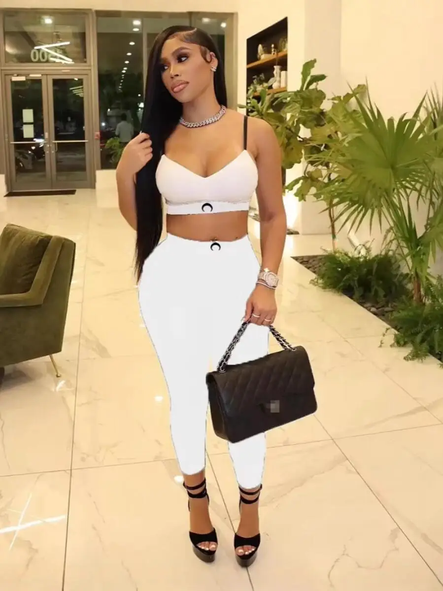 

Ретро-костюм для женщин: белый укороченный топ и облегающие брюки, 2 предмета, летний, клубный, сексуальный, для фитнеса, уличный спортивный костюм