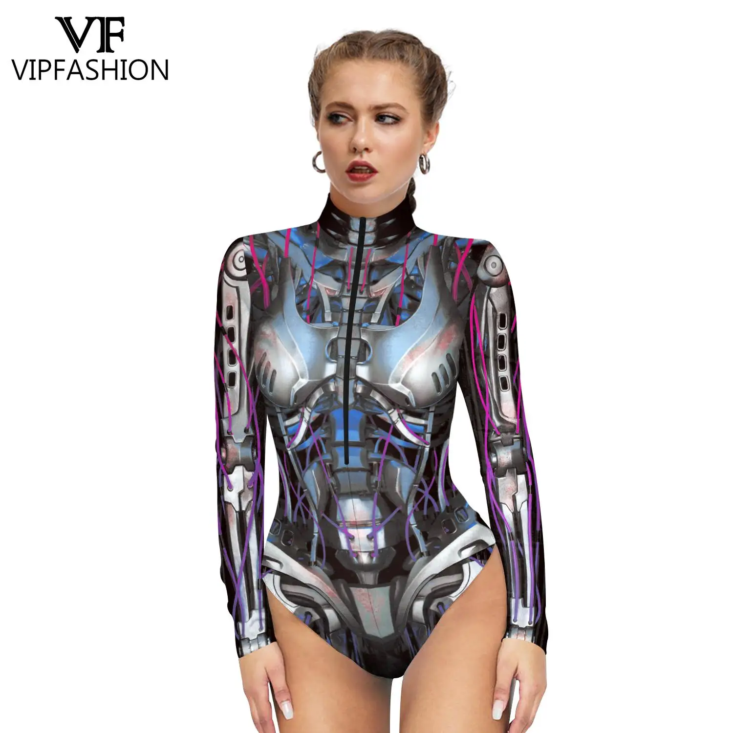 VIP FASHION Halloween Women Cosplay Robot Punk Printed Zentai One Piece Bodysuits Carnival Punk Performance Costume