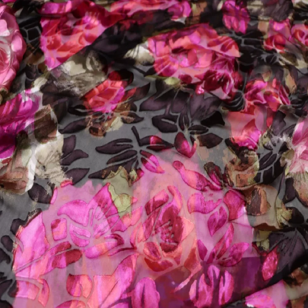 Brown Pink Dark Color Big Flower Hand Paint Style Breathable Opal Silk Burn Out Fabric for Wife Lady Party Shawl Dress view 5