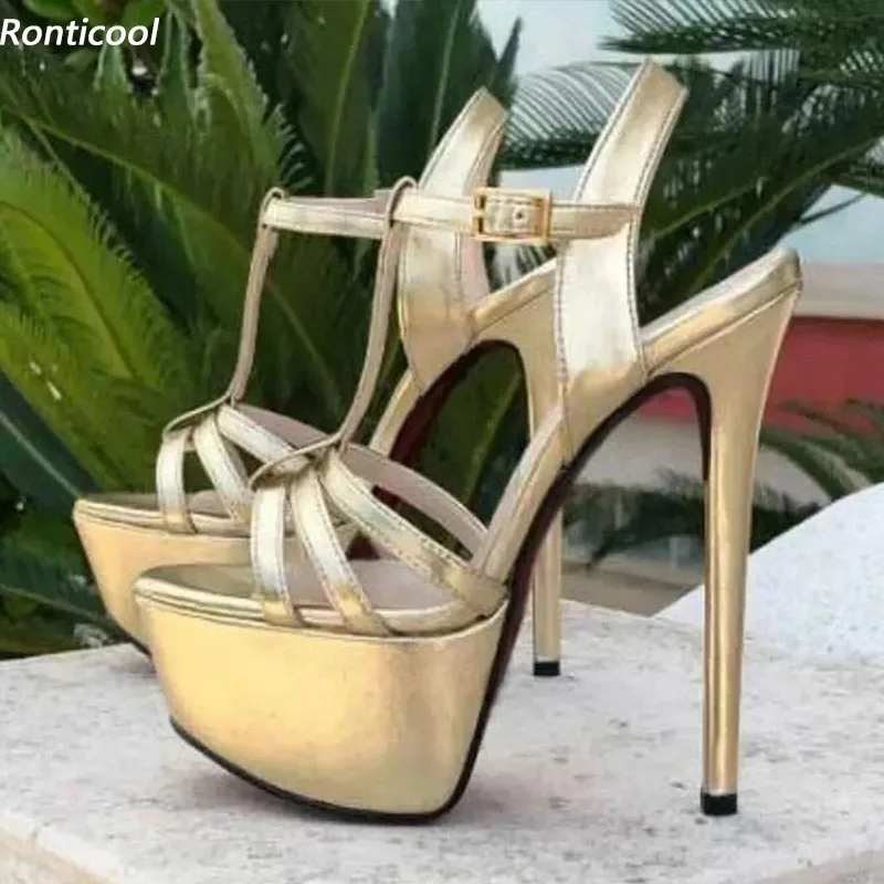 Ronticool Real Photos Women Summer Sandals Sexy Stiletto Heels Round Toe Beautiful Gold Silver Dress Shoes Ladies US Size 5-20