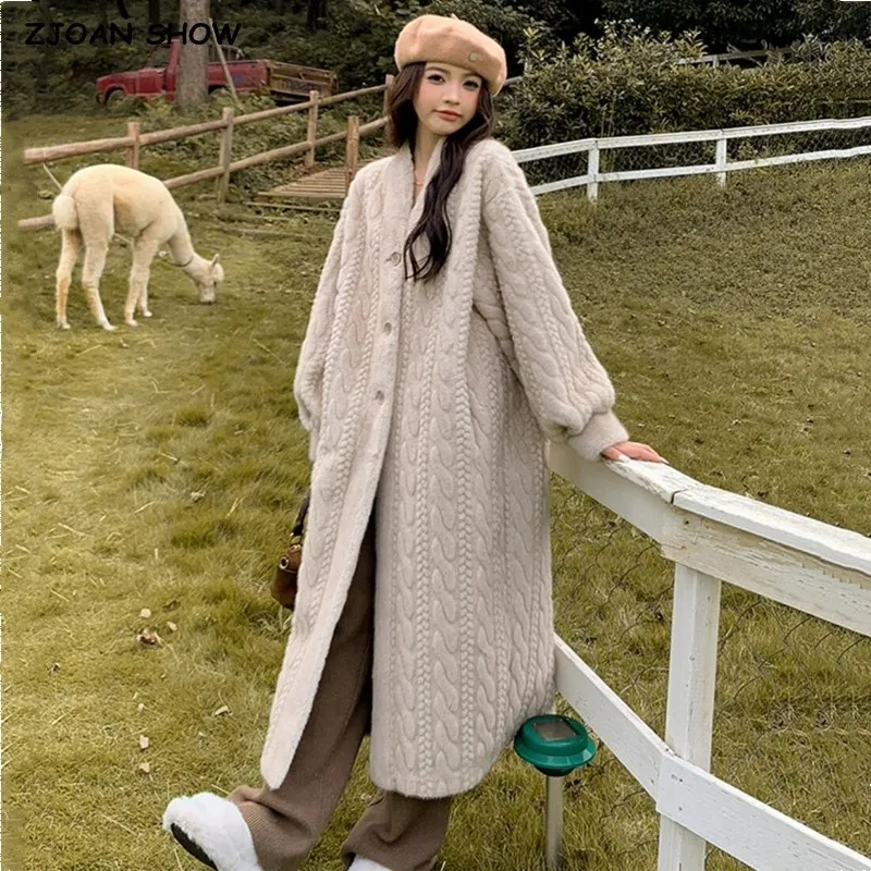 

Winter Light Khaki Embossing Twist Pattern Faux Mink Fur Coat CHIC Women Below Knee Full Sleeve Loose Warm Long Jacket Outercoat