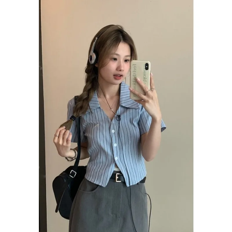 

Embroidery Women'S Striped Shirt Summer Preppy Style Y2k Fashionable Woman Clothes Slim Waist Woman'S Button Tshirt Tops