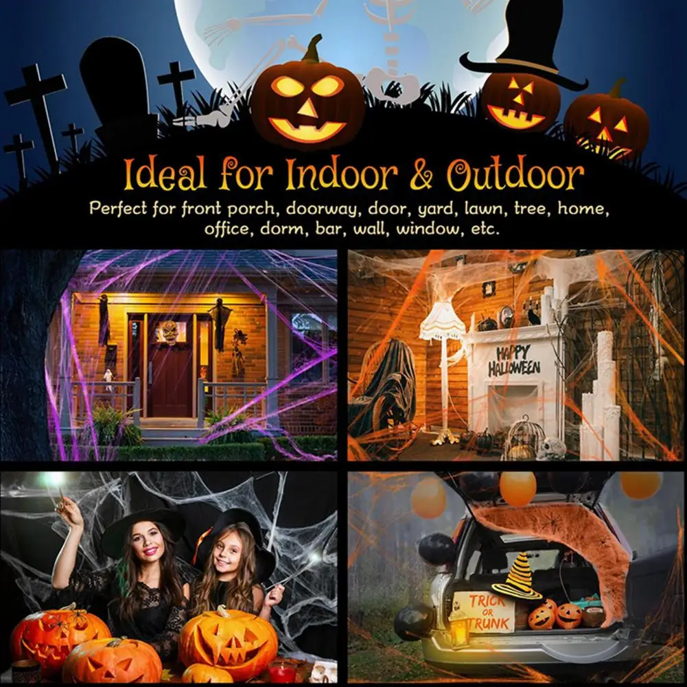 دعائم ديكور شبكية من القطن للهالوين لمشهد الحفلات، دعائم زينة مرنة على شكل شبكة عنكبوت للهالوين لمشاهد الحفلات للهالوين