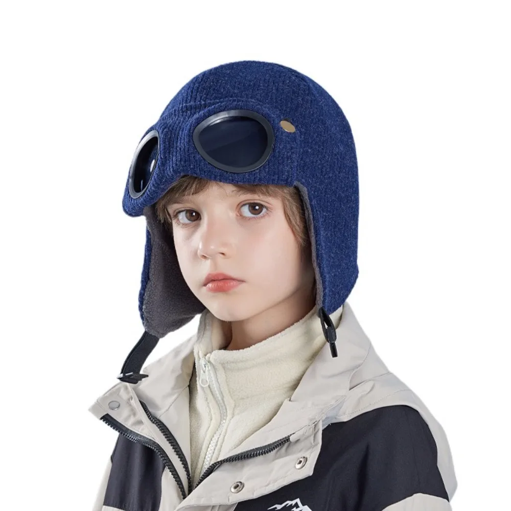 

Neck Protection Children Glasses Hat Buckle Ear Cap Windproof Head Cover Adjustable Fleece Lining Warm Cap With Goggles Autumn