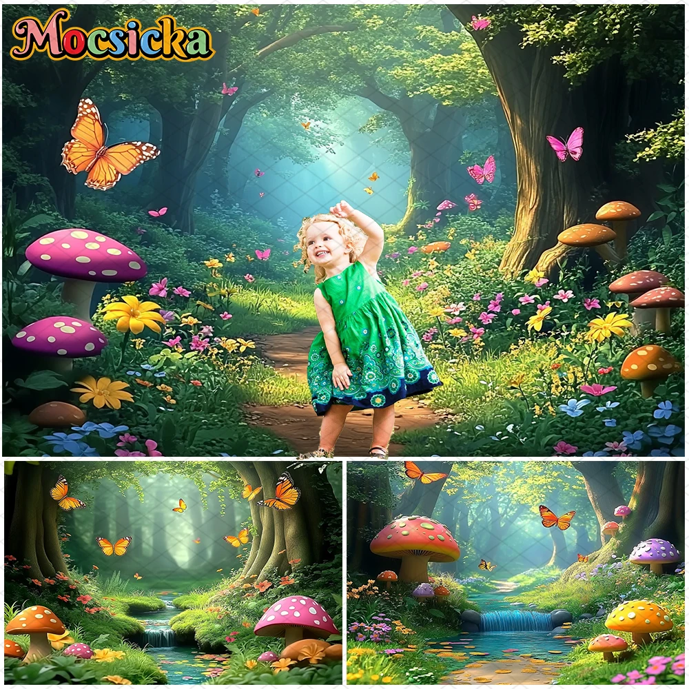 

Mocsicka Spring Photo Backdrop Birthday Party Forest Flowers Mushroom Butterfly Green Grass Decors Easter Photography Background