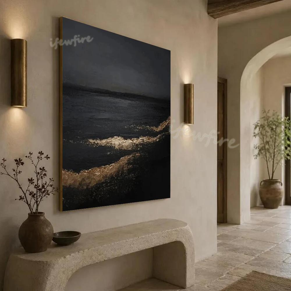 Modern Abstract Oil Painting on Canvas Top Handmade Unique Black Sea Wall Mural Sea View Art Picture for Living Room Decor Image