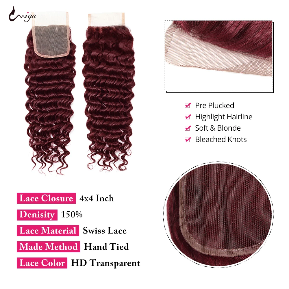 Extensiones de cabello humano brasileño para mujer, mechones de ondas profundas con cierre, color rojo borgoña, 99J