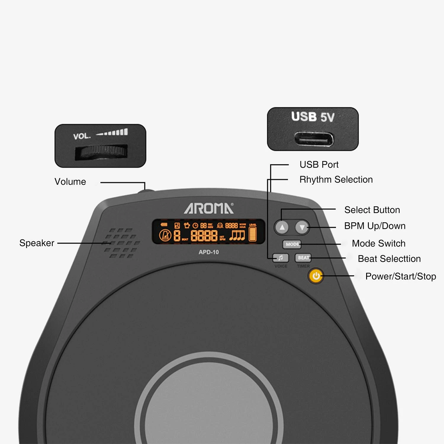 AROMA 8 Inch Rechargeable Multifunction Electronic Dumb Drum Pad with Speed Detection 3 IN 1 Digital Metronome Practice Drum