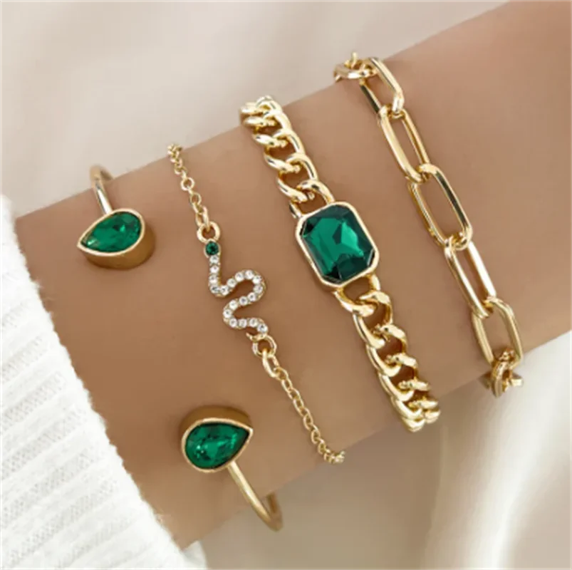 Four Piece Set Snake Green Color Zircon Bracelets Anklet for Women Gold Plated Green Crystal Lady Cuff Chains Custom Jewelry