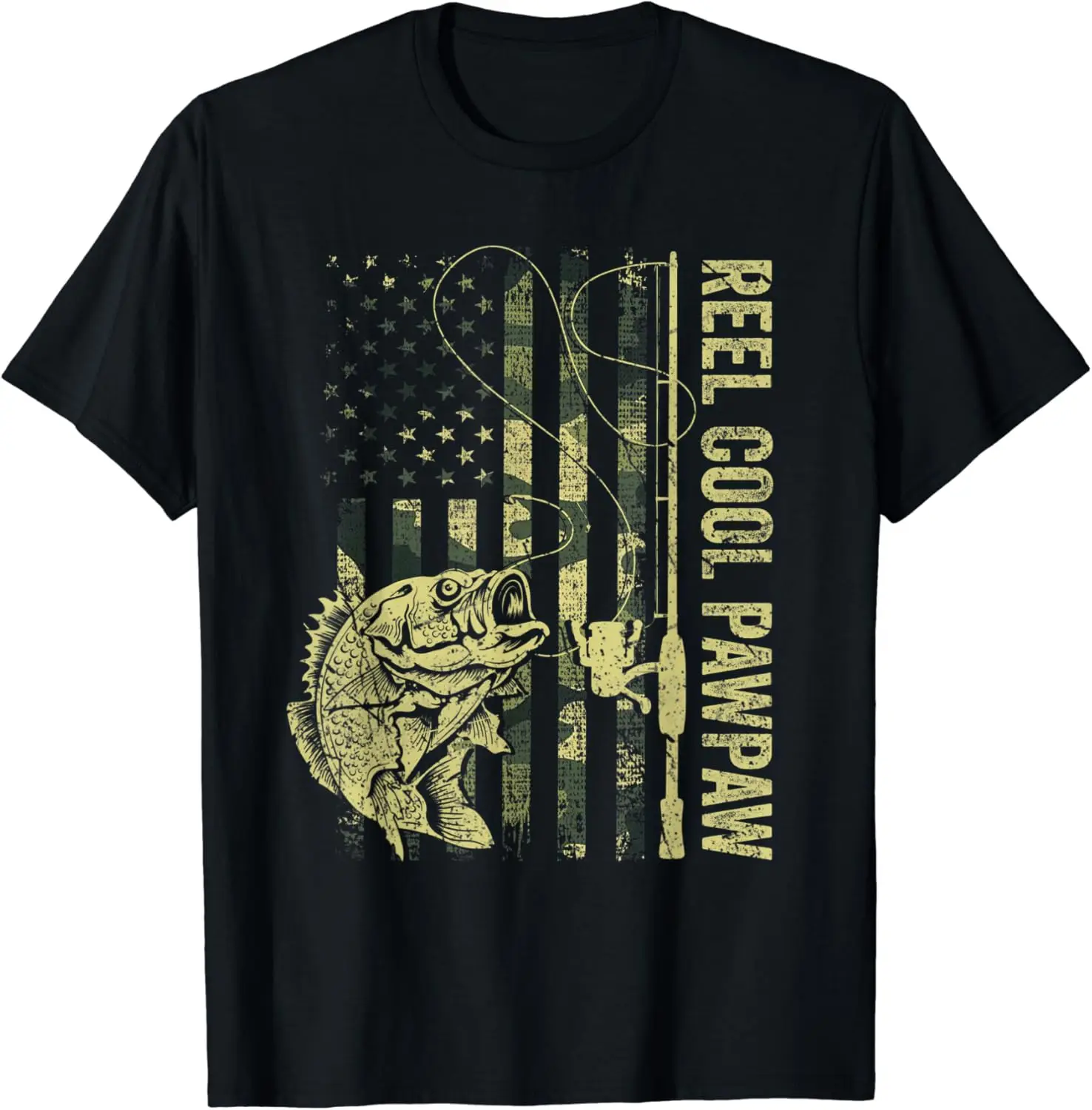 Mens Reel Cool Pawpaw Camouflage American Flag Father's Day Gift T-Shirt