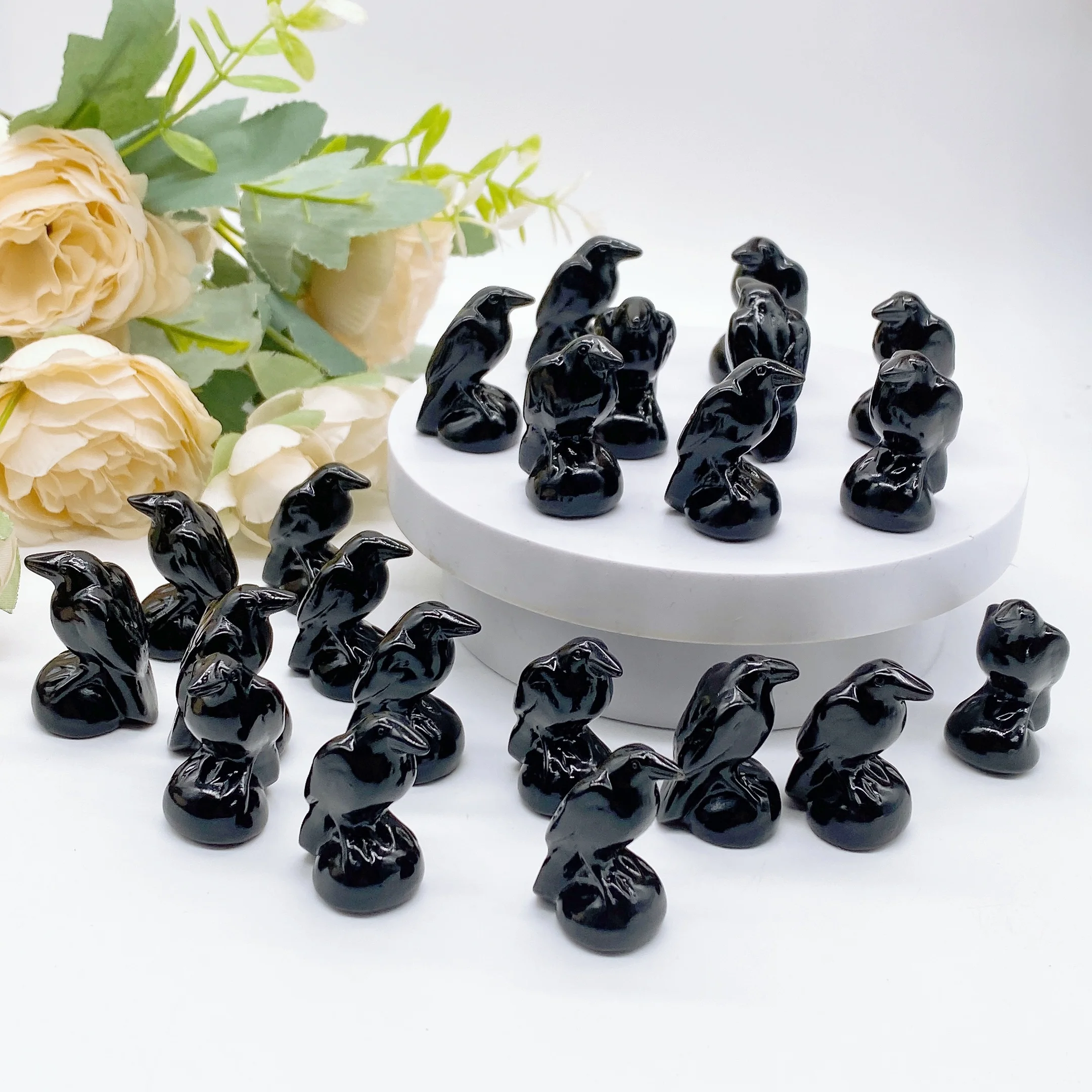 1.3\'\'Raven Statue Natural Obsidian Stone Crow Sculpture Healing Crystal Bird Figurine Animal Lucky Gift Home Decoration