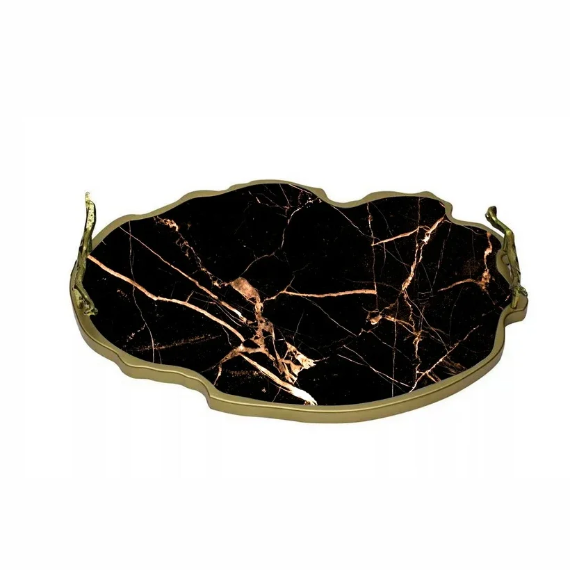 MSet of 2 Black Faux Marble Perfume Decorative Modern Glass Tray for Home Decor