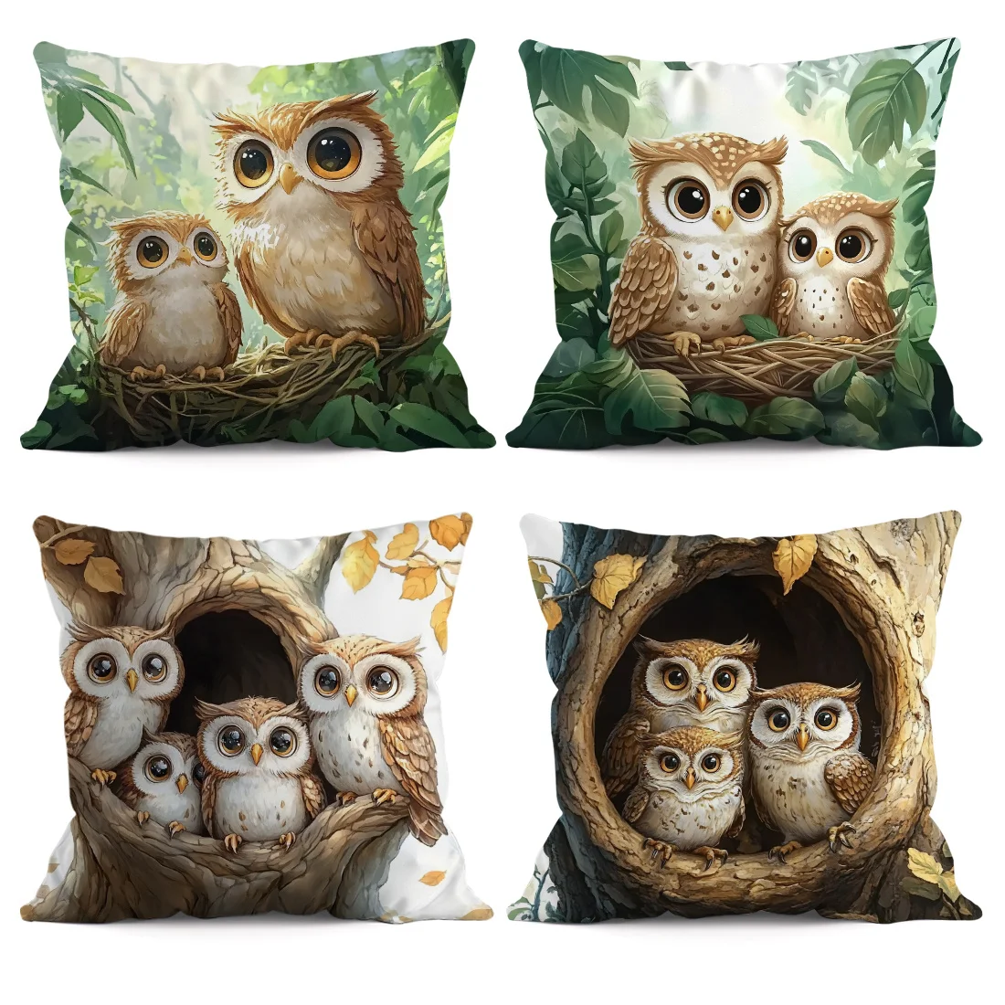 Cute Owl Cushion Covers Set of 4 Pink Double-Sided Pillowcases Lovely Fuchsia Bird Decorative Cases for Sofa Bed
