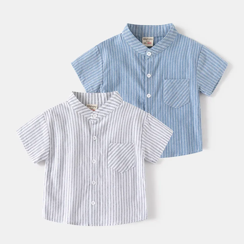 

Children's Striped Shirt2024Summer Clothes for BoysVCollar Short-Sleeved Shirt Leisure Top