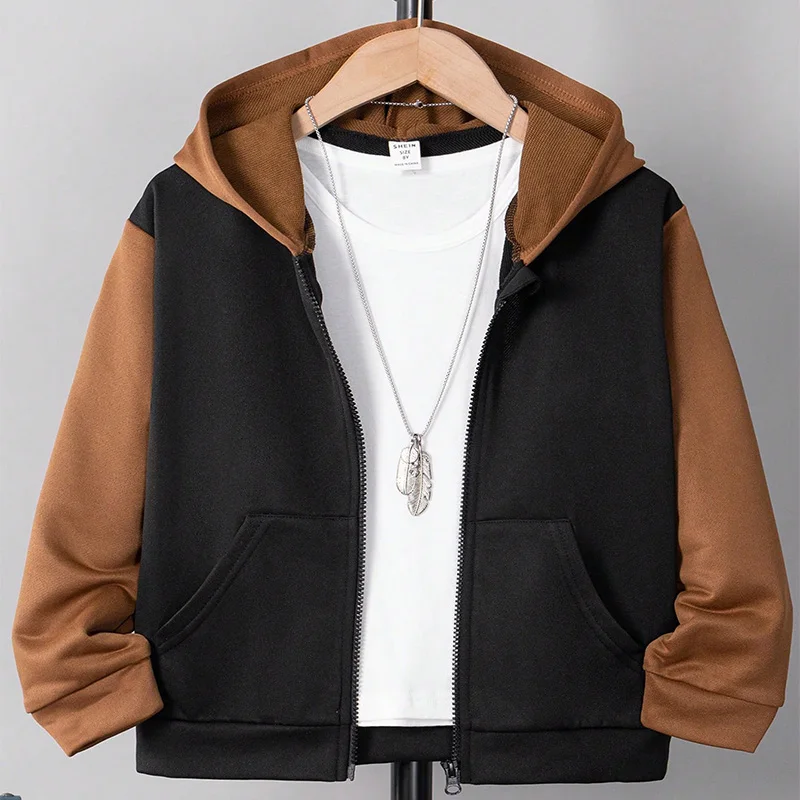 

Autumn And Winter Boys Cute Cold And Warm Block Color Hooded Zipper Hoodie Coat Daily Leisure Birthday Party Clothing Clothing