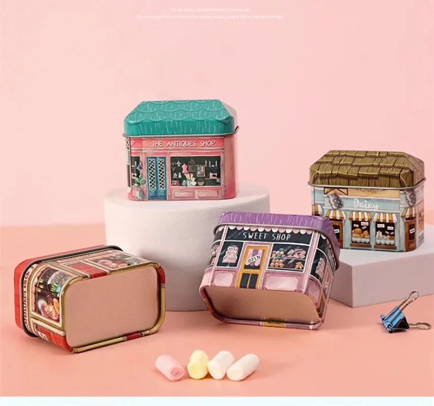 Mini Shop Design Collectables Tin Box Little House Seal Storage Box Candy Chocolate Container Small Packing Gifts for Kids Girl