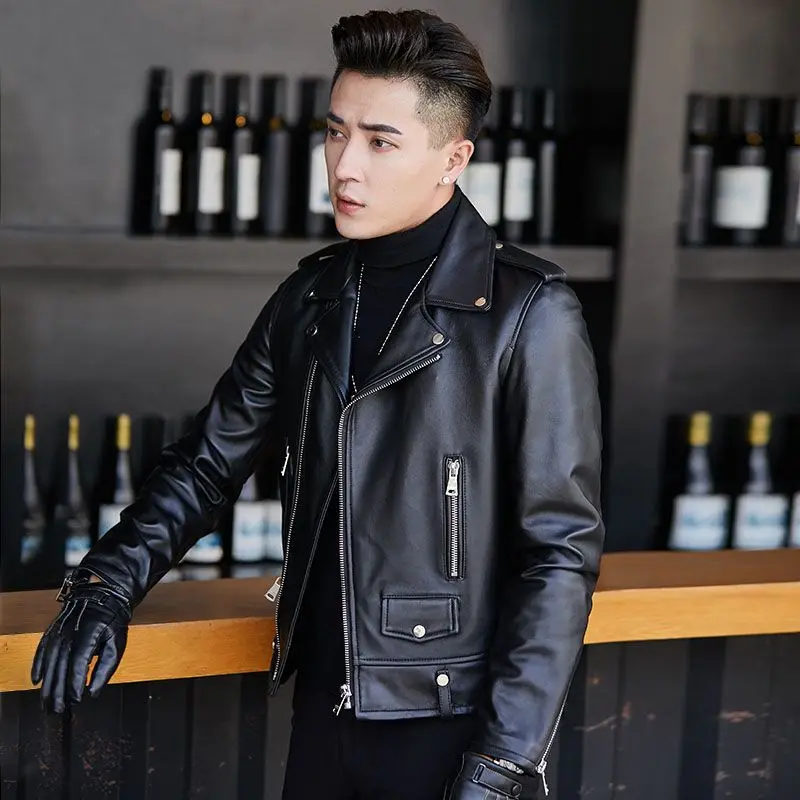 

2023 Men Spring Autumn New Genuine Sheepskin Jackets Men Motorcycle Biker Slim Coats Male Natural Leather Short Outerwear F371