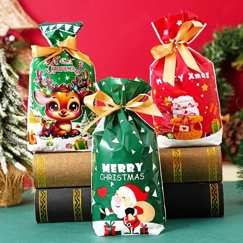 Christmas Cartoon Drawstring Gift Bag With Ribbon Plastic Wrapping Pouch For Peaceful Night Small Present Holiday Party Bag