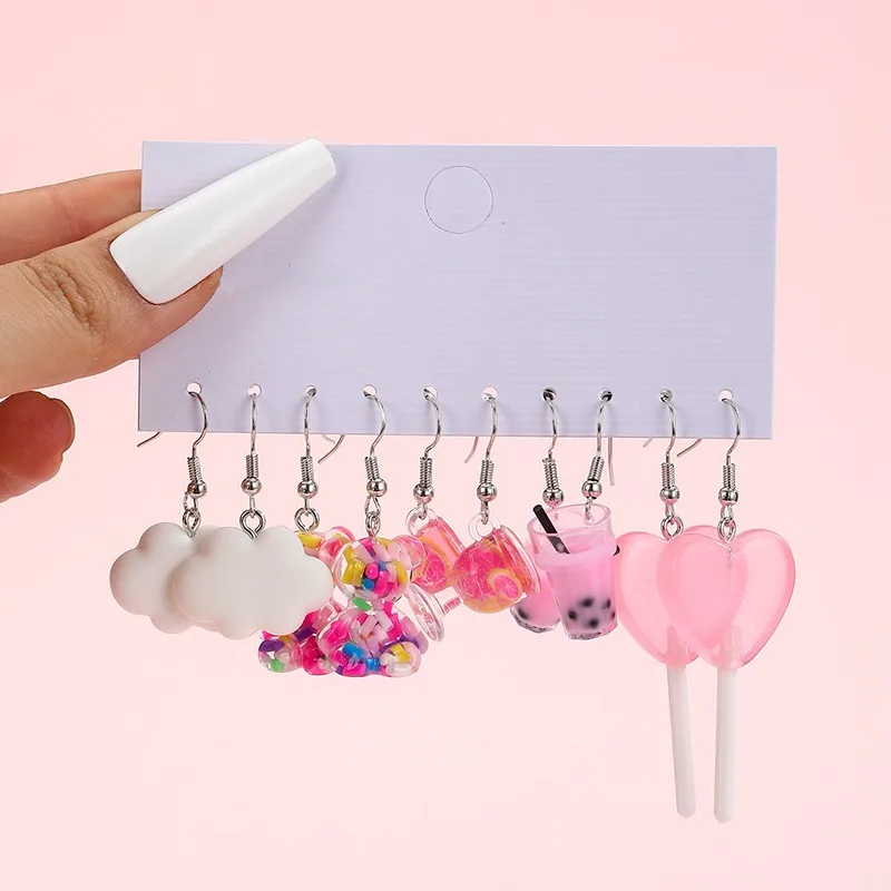 New Fashionable Earrings with Fresh and Sweet Resin Simulation Flowers, Star Shaped Lollipops, Wine Bottle Earrings Set