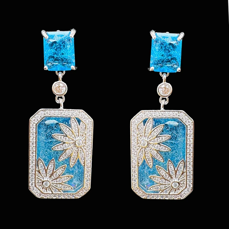 

Уникальные серьги с цветами, синие, зеленые, фиолетовые, с цирконием, роскошные ювелирные изделия, прямоугольные серьги-подвески для женщин, вечерние