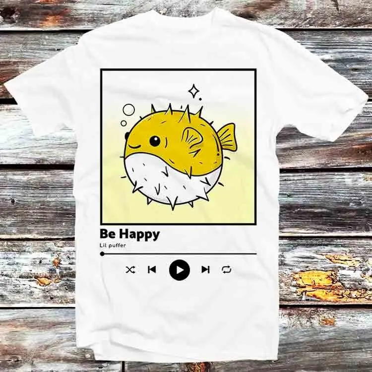 Be Happy Lil Puffer Fish T Shirt Vintage Retro Cool Cartoon Anime Top B944