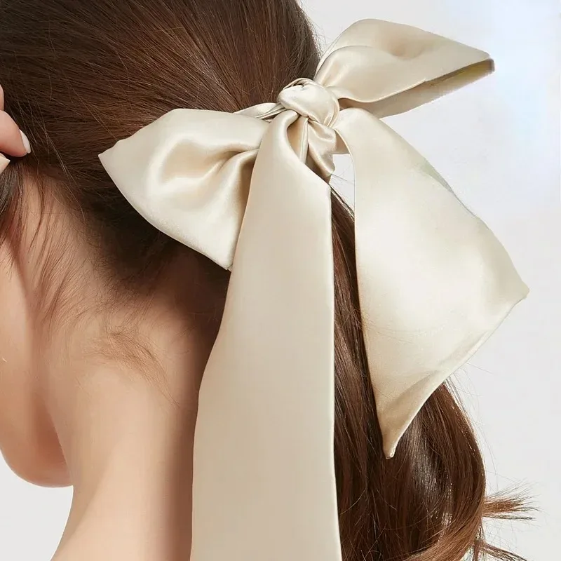 Korean Mulberry Silk Scrunchies Bows Long Ribbon Hairbands Head Bands Pure Silk Elastic Bow Hair Ties Black Champagne Hair Bands