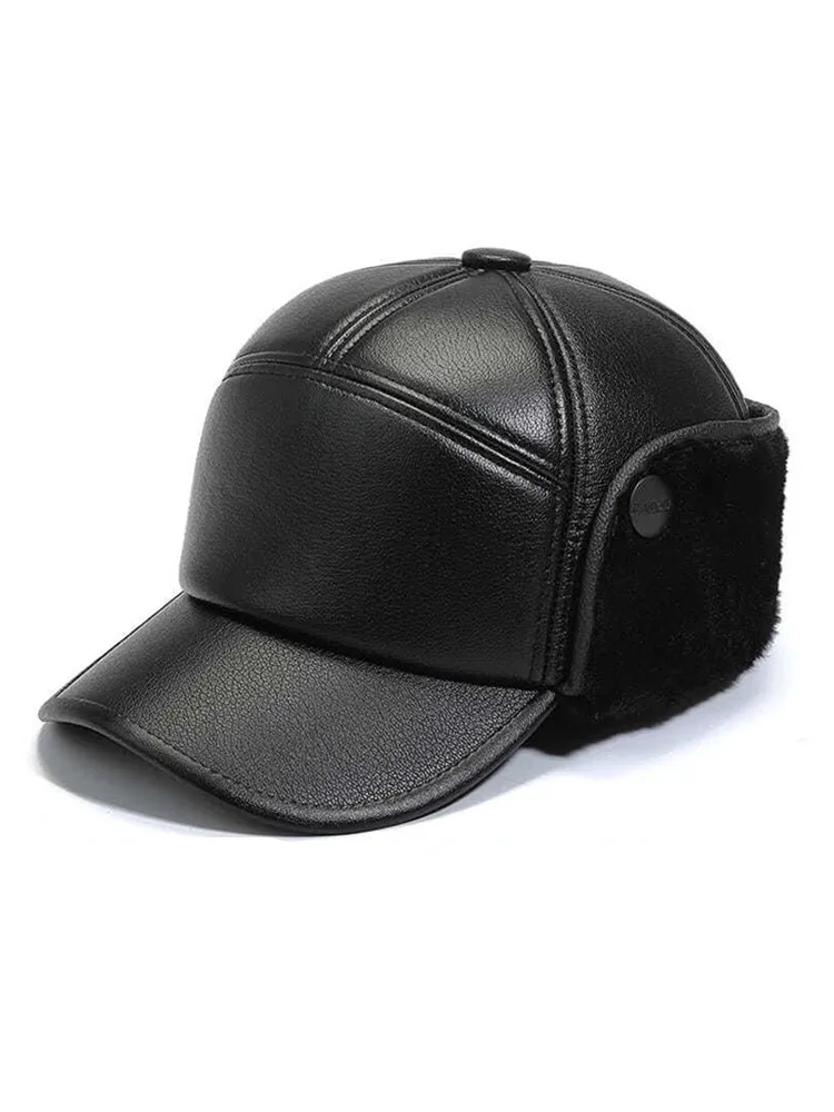 Verdickte, kältebeständige und warme Baseballkappe aus PU-Leder für Menschen mittleren Alters und ältere Menschen (ohrgeschützt) – Detail 1