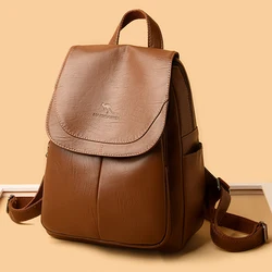 2023 NEW High Quality Soft Leather Women Backpacks Retro Solid Color Shoulder Bag Large Capacity Travel School Bag for Girls