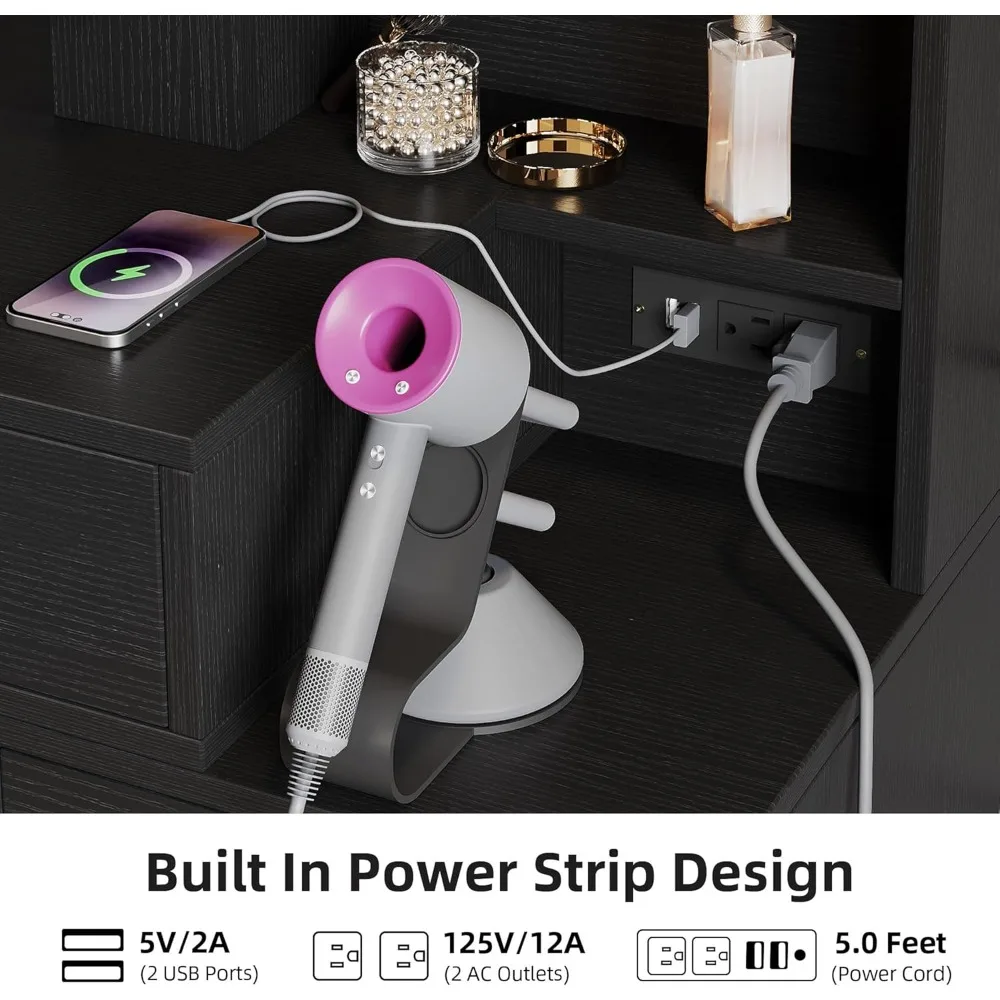 Makeup Dressing Table with Mirror and Power Socket, Dressing Table Set with Hidden Jewelry Storage Rack and 5 Drawers