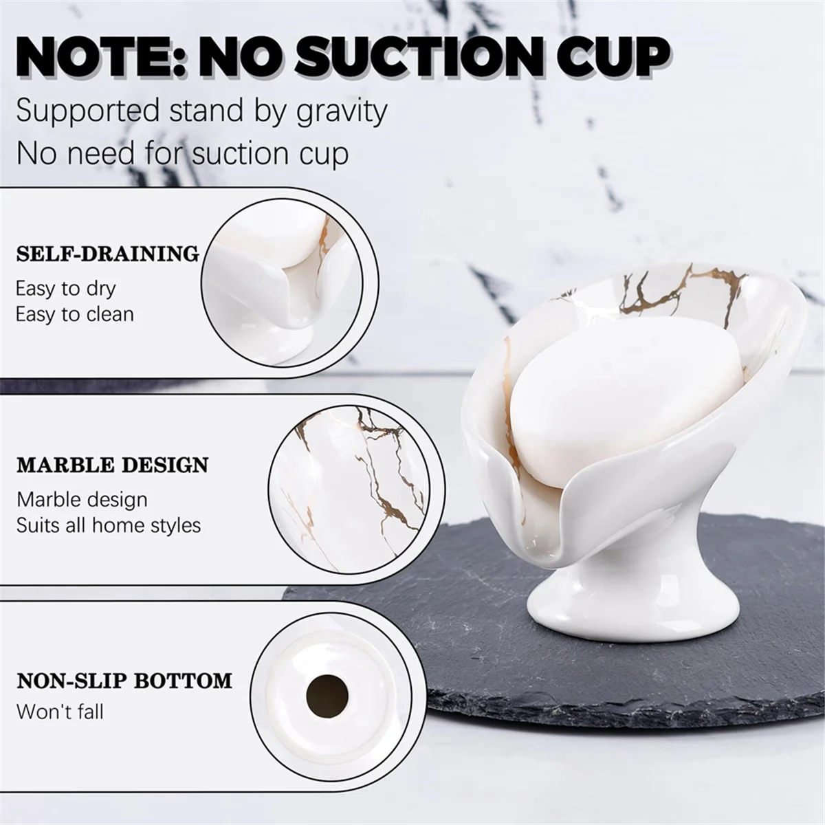 Soap Dish, Ceramic Soap Holder Self Draining Marble Look Leaf-Shape Soap Dishes for Bathroom,White