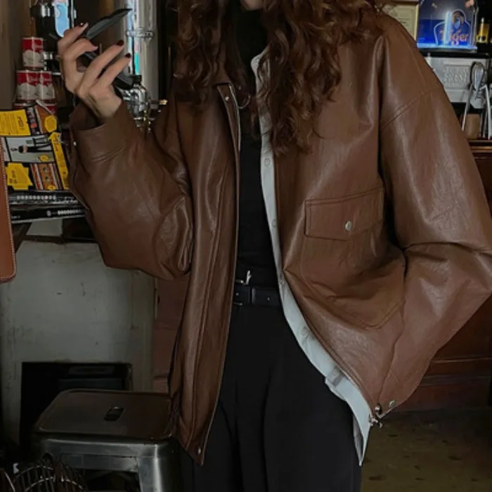 Femmes Chic polyvalent rétro Faion minceur Hong Kong Sle Long Sve PU moto Jaet cuir manteau vêtements d'extérieur