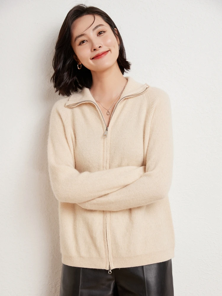 Addonee Autumn Winter Women Sweater Zipper Turn-down Collar Cardigan 100% Merino Wool Casual Cashmere Knitwear Korean Fashion