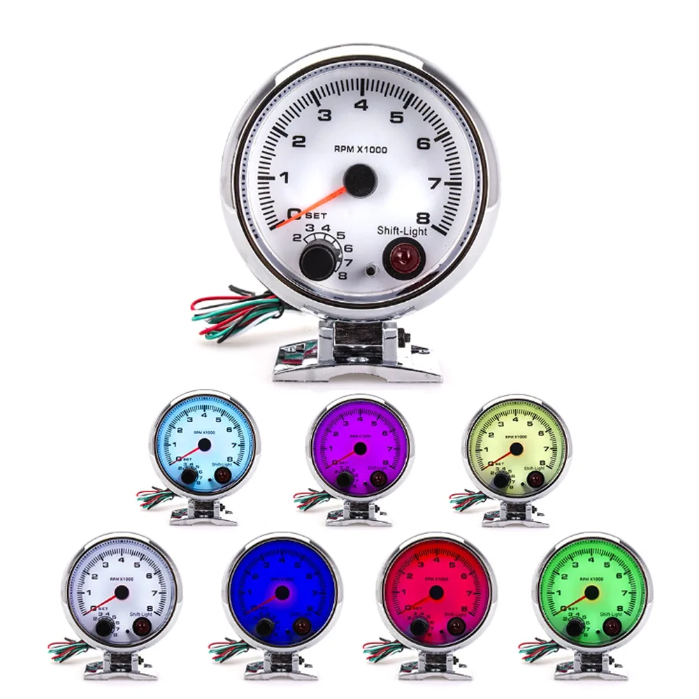 

12V Car Modified Instrument, 0 - 8000RPM, Colorful Background Light, Tachometer Electroplated Chromium Shell, 3.75 Inches