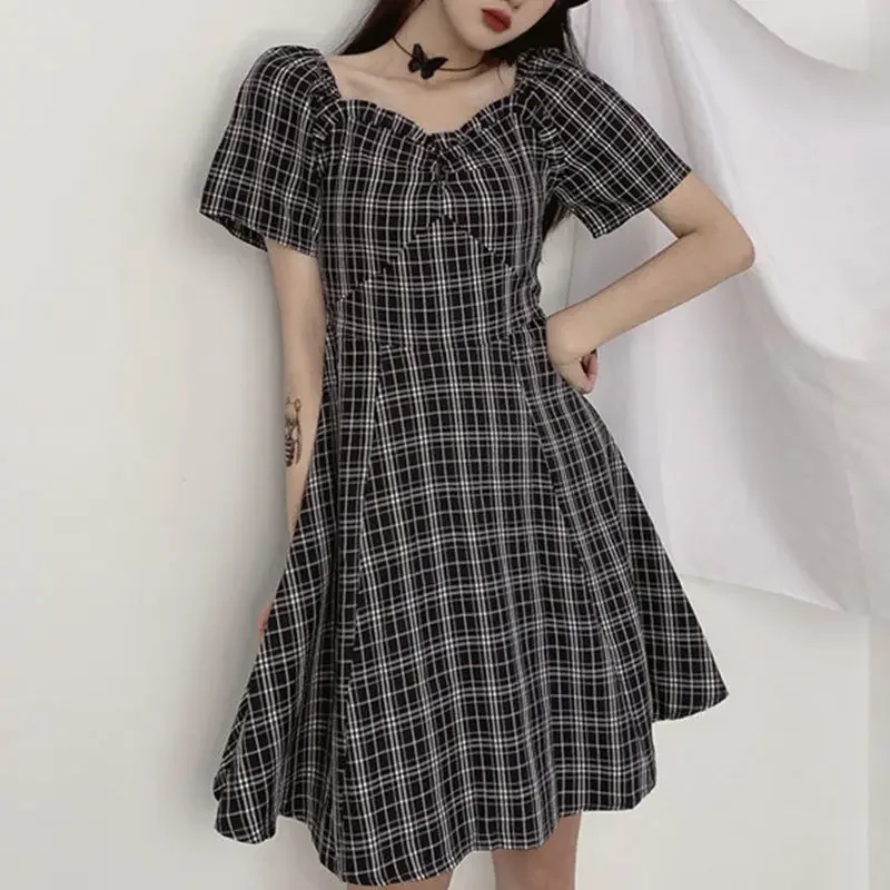 M-4XL Dresses Women Plaid Simple Basics Leisure All-match Summer Daily Sweet Korean Style Tender Age-reducing Elegant Delicate