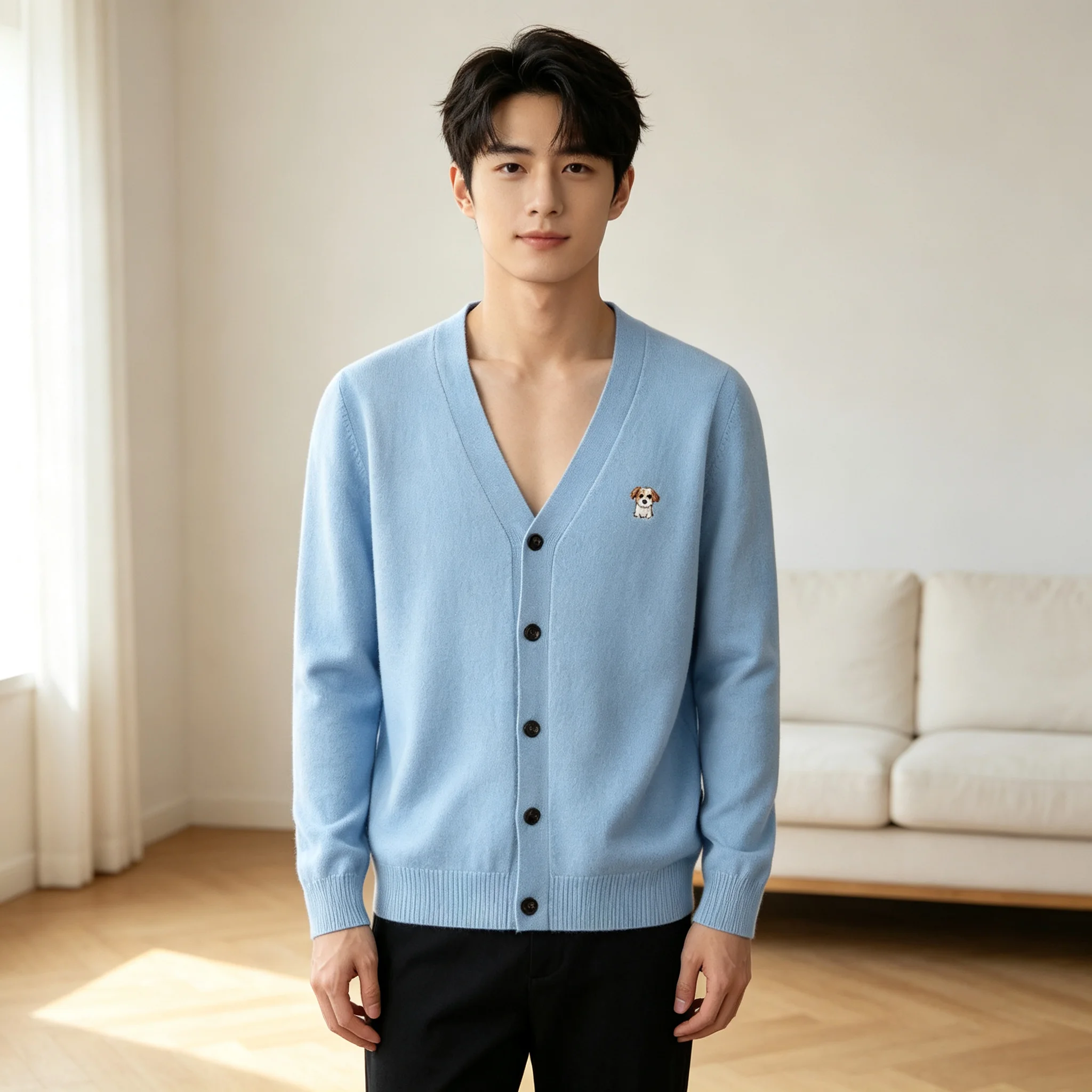 Autumn and winter men's 100% pure cashmere cardigan V-neck long-sleeved single-breasted loose padded knitted coat jacket.