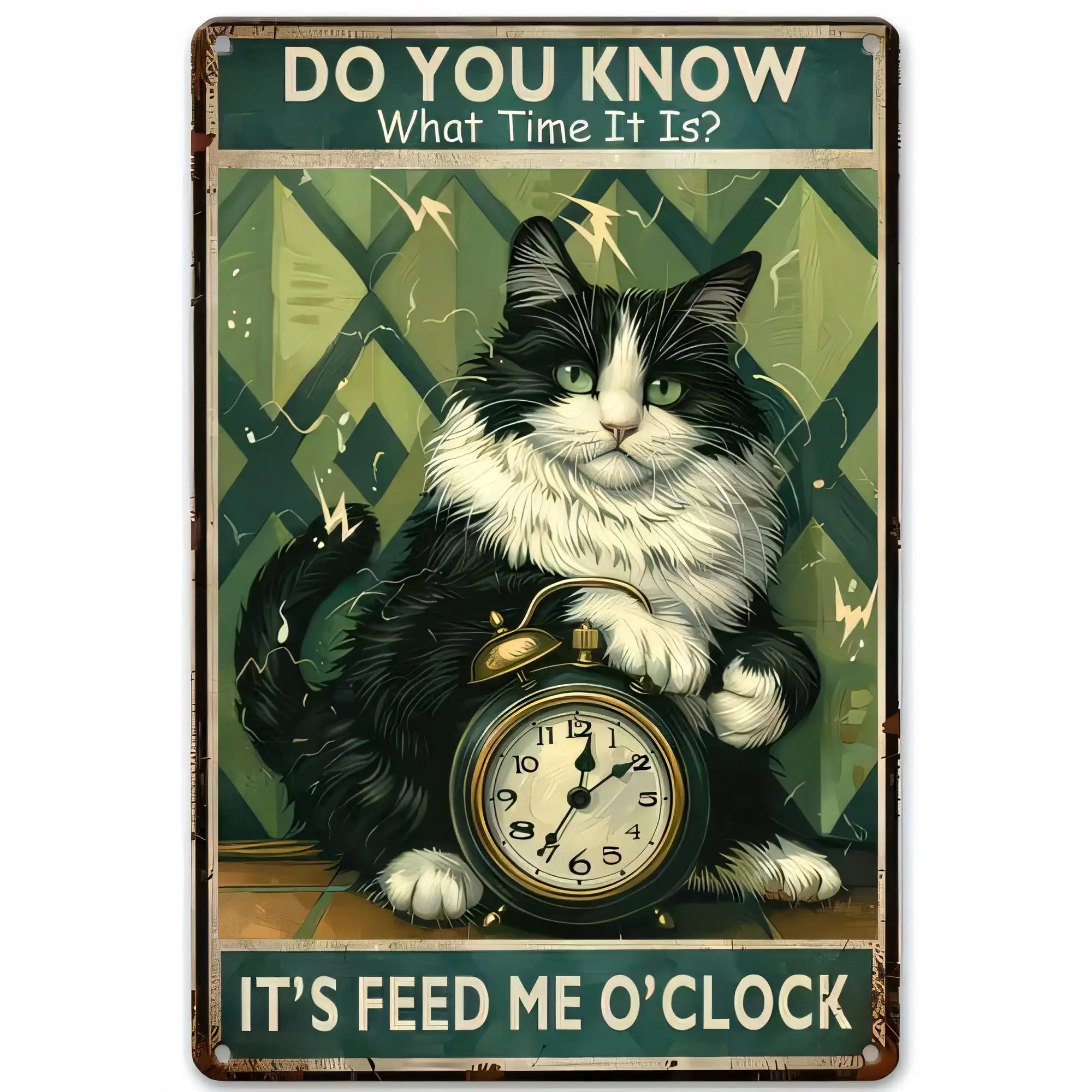 Do You Know What Time It Is It’s Feed Me O’Clock Cat Holding Alarm Clock Tin Sign Vintage Retro Metal Plaque Wall Art Home Bar O
