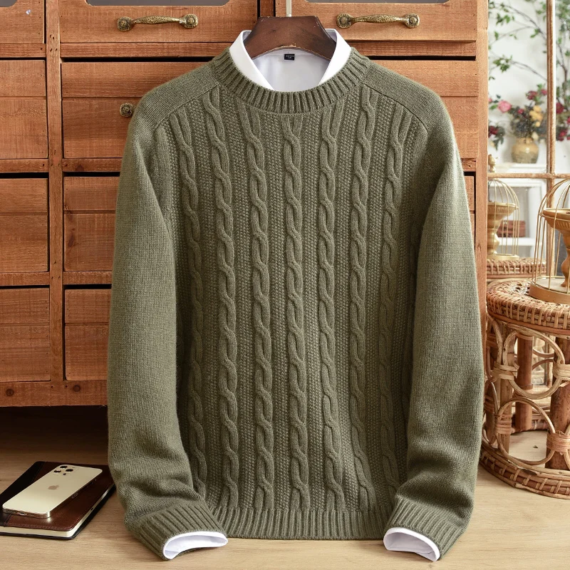 

Winter Warm Pure Cashmere Sweater Men's Heavyweight Thickened Round Neck Jacquard Solid Color Middle Age Knitted Casual top