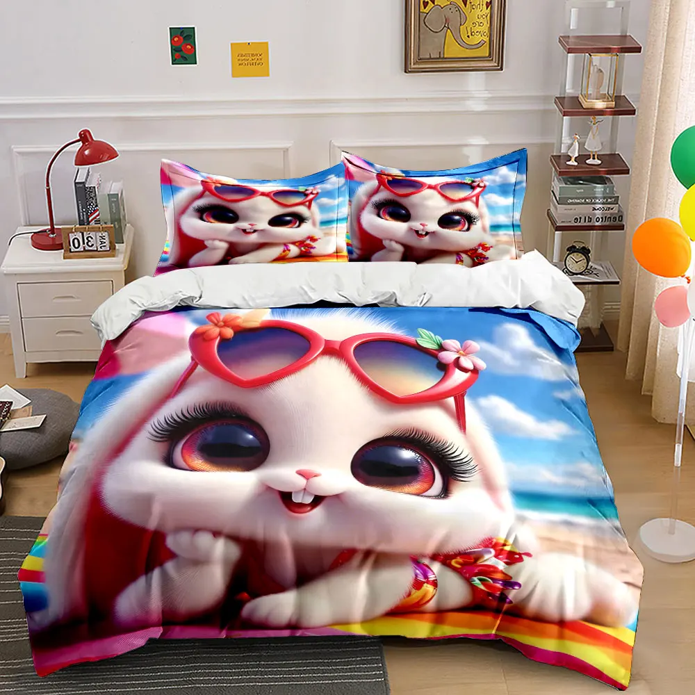 Adorable Bunny Relaxing on Beach Print Bedding Set 1 Duvet Cover 2 Pillowcases for Adult and Children Luxury Gift Full Size