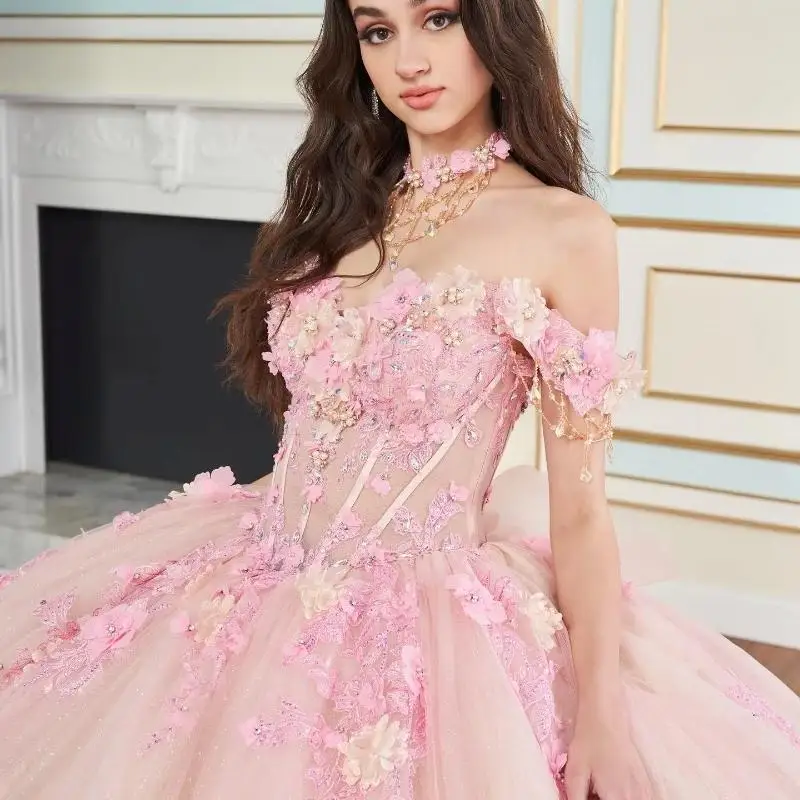 Pink Shiny Quinceanera Dresses Ball Gown Party Birthday Princess Lace Appliques Beads Crystal Tull Off The Shoulder Sweet 16